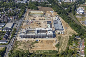 Aerial view, new building EDEKA administration building food retail beverage market, car park,