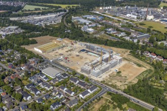 Aerial view, new building EDEKA administration building food retail beverage market, car park,