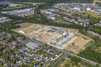 Aerial view, new building EDEKA administration building food retail beverage market, car park,