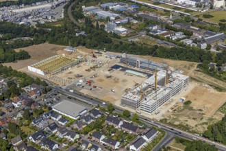 Aerial view, new building EDEKA administration building food retail beverage market, car park,