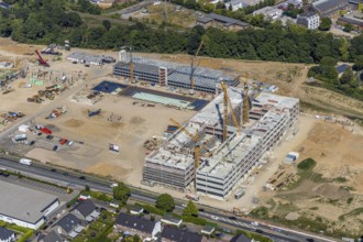 Aerial view, new building EDEKA administration building food retail beverage market, car park,