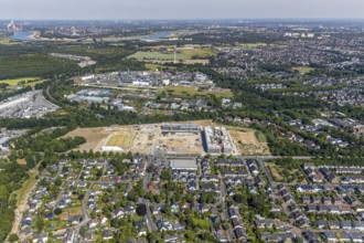 Aerial view, new building EDEKA administration building food retail beverage market, car park,
