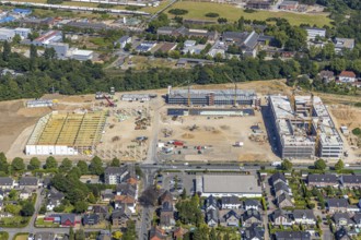 Aerial view, new building EDEKA administration building food retail beverage market, car park,