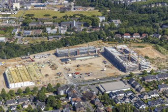 Aerial view, new building EDEKA administration building food retail beverage market, car park,