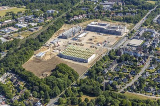 Aerial view, new building EDEKA administration building food retail beverage market, car park,