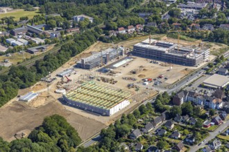 Aerial view, new building EDEKA administration building food retail beverage market, car park,