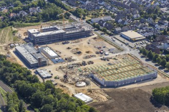 Aerial view, new building EDEKA administration building food retail beverage market, car park,