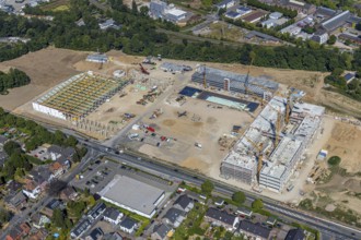 Aerial view, new building EDEKA administration building food retail beverage market, car park,