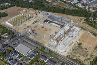 Aerial view, new building EDEKA administration building food retail beverage market, car park,