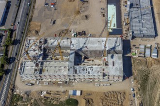 Aerial view, new building EDEKA administration building food retail beverage market, car park,