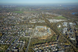 Aerial view, construction site, new Edeka headquarters, Rheinberger Straße, Rheinkamp-Utfort, Mörs,
