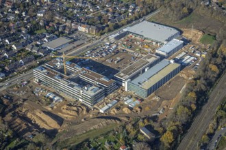 Aerial view, construction site, new Edeka headquarters, Rheinberger Straße, Rheinkamp-Utfort, Mörs,