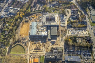 Aerial view, construction site, new school building, vocational college campus for technology Mörs,