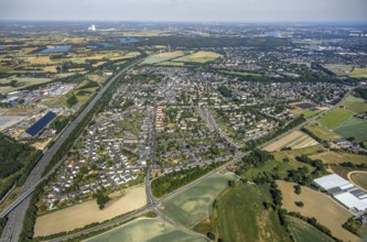 Aerial view, motorway A42, overview Repelen Rheinkamp, Mörs, Ruhr area, North Rhine-Westphalia,