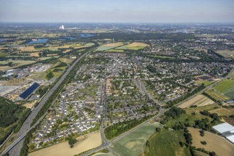 Aerial view, motorway A42, overview Repelen Rheinkamp, Mörs, Ruhr area, North Rhine-Westphalia,