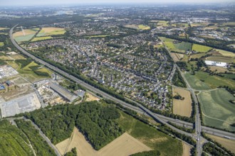 Aerial view, motorway A42, overview Repelen Rheinkamp, Mörs, Ruhr area, North Rhine-Westphalia,