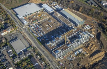 Aerial view, construction site, new Edeka headquarters, Rheinberger Straße, Rheinkamp-Utfort, Mörs,