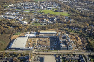 Aerial view, construction site, new Edeka headquarters, Rheinberger Straße, Rheinkamp-Utfort, Mörs,
