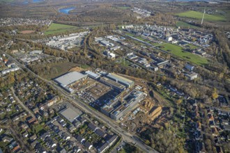 Aerial view, construction site, new Edeka headquarters, Rheinberger Straße, Rheinkamp-Utfort, Mörs,