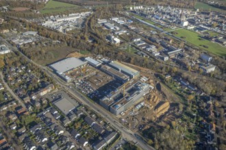 Aerial view, construction site, new Edeka headquarters, Rheinberger Straße, Rheinkamp-Utfort, Mörs,