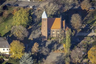 Aerial view, protestant church Utfort, Rheinkamp-Utfort, Mörs, Ruhr area, North Rhine-Westphalia,