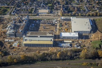 Aerial view, construction site, new Edeka headquarters, Rheinberger Straße, Rheinkamp-Utfort, Mörs,