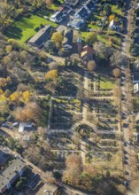 Aerial view, cemetery Utfort, Rheinkamp-Utfort, Mörs, Ruhr area, North Rhine-Westphalia, Germany,