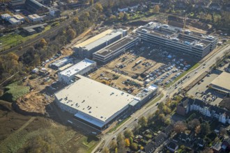 Aerial view, construction site, new Edeka headquarters, Rheinberger Straße, Rheinkamp-Utfort, Mörs,