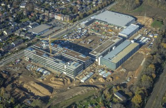 Aerial view, construction site, new Edeka headquarters, Rheinberger Straße, Rheinkamp-Utfort, Mörs,