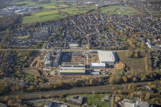 Aerial view, construction site, new Edeka headquarters, Rheinberger Straße, Rheinkamp-Utfort, Mörs,