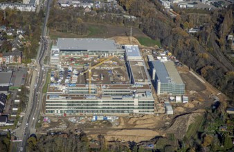 Aerial view, construction site, new Edeka headquarters, Rheinberger Straße, Rheinkamp-Utfort, Mörs,