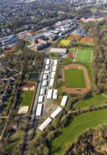 Aerial view, refugee accommodation, sports field Turnerschaft 1912 Mülheim-Saarn, football pitches,