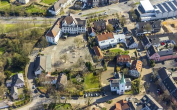 Aerial view, Municipal primary school at Klostermarkt, Village church Protestant parish