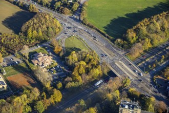 Aerial view, Cafe Del Sol Mülheim, motorway A40, bridge Aktienstraße, Dümpten, Mülheim an der Ruhr,