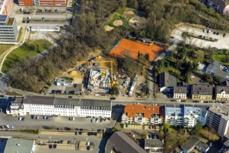 Aerial view, construction site, new building Düsseldorfer Straße 162, TC Roptweiss Saarn,