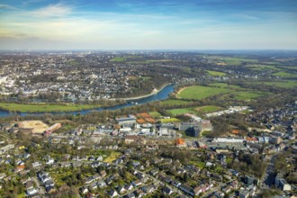 Aerial view, Mülheim-Saarn, view of the Ruhr, Kahlenberg Hockey and Tennis Club, refugee