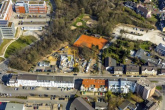 Aerial view, construction site, new building Düsseldorfer Straße 162, TC Roptweiss Saarn,