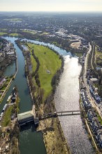 Aerial photo, Ruhr, hydroelectric power station on the Ruhr, Kassenbergbrücke, weir Mülheim,