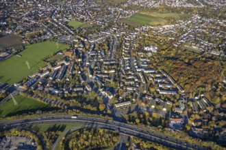 Aerial view, residential area Dümpten, motorway A40, retirement home Haus Auf dem Bruch, sports