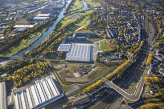 Aerial view, Aldi Süd, open space, construction area, river Ruhr, Styrum - Süd, Mülheim an der