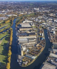 Aerial view, Rhine-Ruhr harbour Mülheim, shipping canal, Am Nordhafen, Rheinstraße, Speldorf,