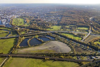 Aerial view, sewage sludge landfill at Ruhrbogen Ruhrschifffahrtskanal, Schleuseninsel, Styrumer