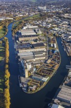 Aerial view, Rhine-Ruhr harbour Mülheim, shipping canal, Am Nordhafen, Rheinstraße, Speldorf,