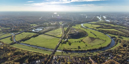 Aerial view, Ruhrbogen Fluss Ruhr, city triangle DU - OB - MH, Ruhrtalradweg, landfill with wind