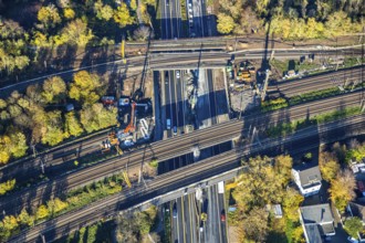 Aerial view, construction site, railway bridges after tanker fire, motorway A40, Styrum, Mülheim an