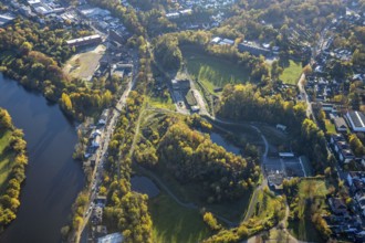 Aerial view, quarry Rauen, river Ruhr, construction area former leather factory Lindgens am
