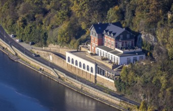 Aerial view, residential building, former youth hostel at Kahlenberg, river Ruhr, Mendener Straße,