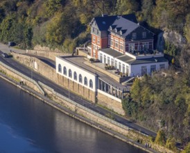 Aerial view, residential building, former youth hostel at Kahlenberg, river Ruhr, Mendener Straße,