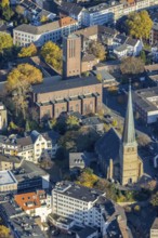 Aerial view, catholic church St. Mariae-Geburt, protestant church Petrikirche, Altstadt I, Mülheim