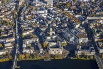 Aerial view, town hall market, town hall, cycle path, Altstadt I, Mülheim an der Ruhr, Ruhr area,